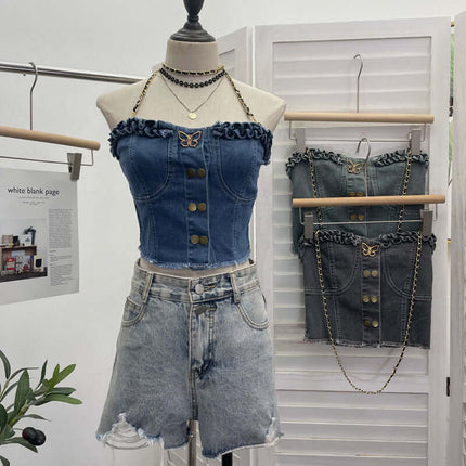 Débardeur sans bretelles ajusté en denim avec boucle