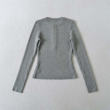 Round Neck Half-Button Knit Sweater in gray, showcasing a slim-fit back view with textured knit design.