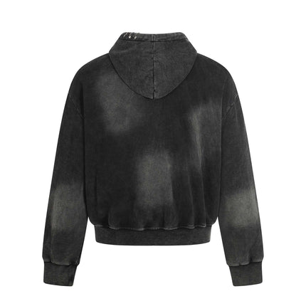 Retro Washed Zip Up Hoodie – Loose Fit back view showcasing the distressed black fabric and relaxed fit.