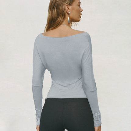 Casual Loose Style Irregular Solid Color Long Sleeve T-Shirt for Women with Gathered Detail, Fitted Waistline, Stretchy Base Layer Top