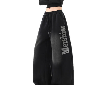 Streetwear Hip Hop Washed Letter Sweatpants Unisex Winter Trendy  Loose Wide Leg Pants Hiphop Casual Slit Pants