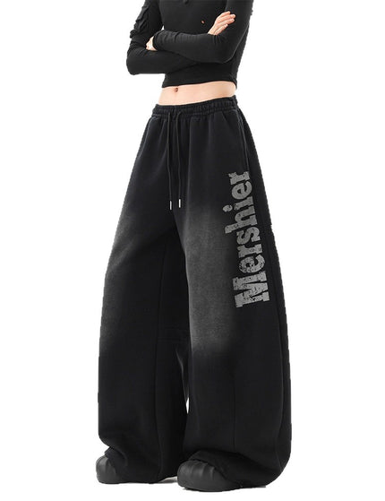 Streetwear Hip Hop Washed Letter Sweatpants Unisex Winter Trendy  Loose Wide Leg Pants Hiphop Casual Slit Pants