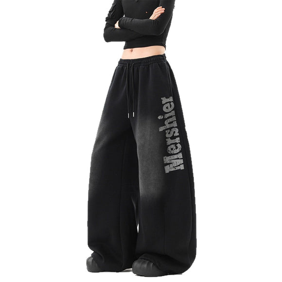 Streetwear Hip Hop Washed Letter Sweatpants Unisex Winter Trendy  Loose Wide Leg Pants Hiphop Casual Slit Pants