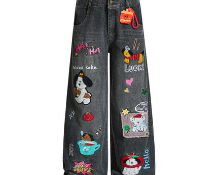 Embroidered College Style Cartoon Patch Denim Pants