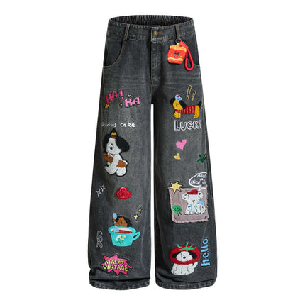 Cartoon Patch College Denim Pants