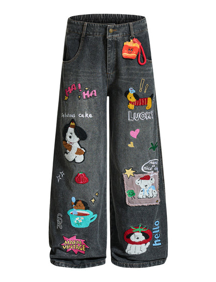 Embroidered College Style Cartoon Patch Denim Pants