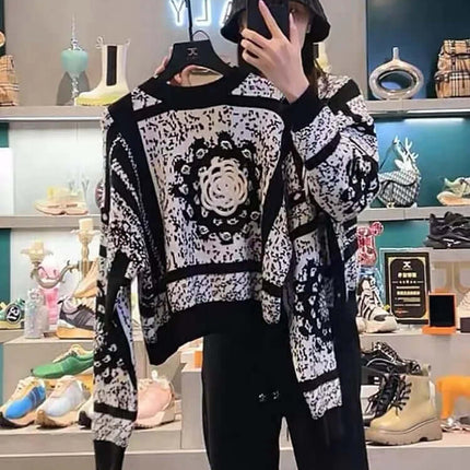 Camellia Jacquard Beaded Knit Sweater