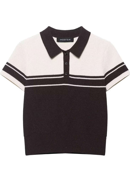 Model wearing white ribbed knit polo shirt short by Grozavu