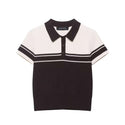 Model wearing white ribbed knit polo shirt short by Grozavu