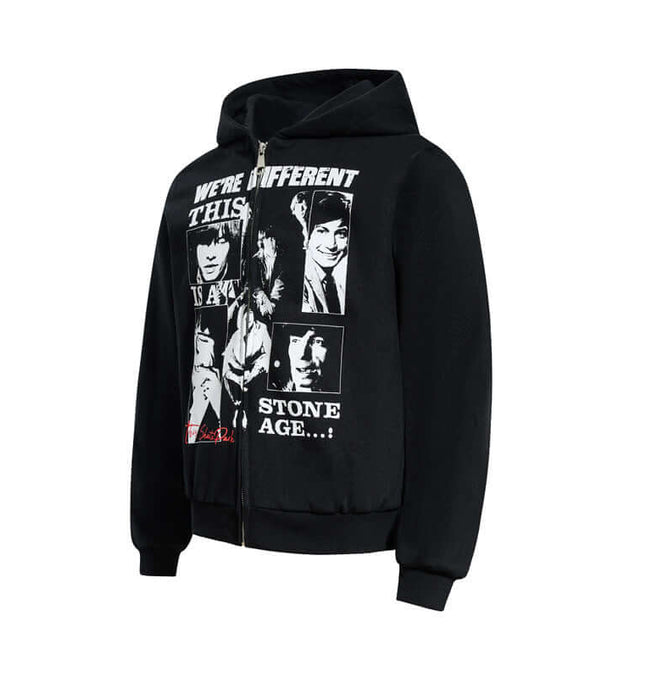 Vintage Band Portrait Print Zip-up Hoodie, Unisex Streetwear Design, Regular Fit, Wide Short Sleeve, Casual Outerwear