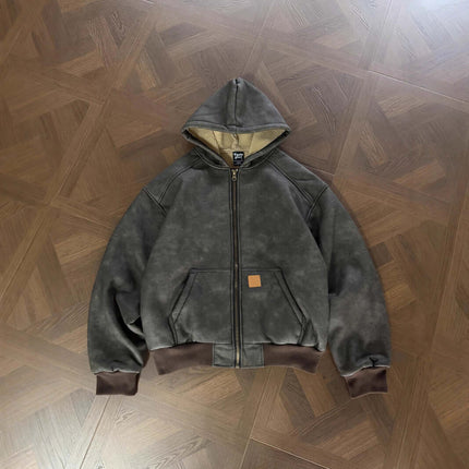 Thick Suede Hooded Jacket – Street Style shown on a wooden surface, featuring a retro design with a hood.