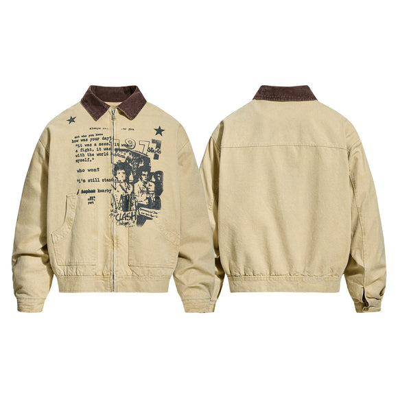 Vintage Portrait Letter Print Patchwork Workwear Turn-down Collar Jacket for Men and Women, Loose Casual Autumn/Winter Fleece Lined Outerwear