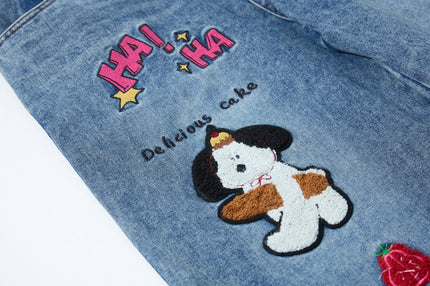 Embroidered College Style Cartoon Patch Denim Pants