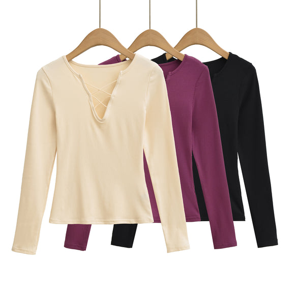 Strap V-neck long sleeved T-shirt for women