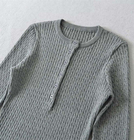 Round Neck Half-Button Knit Sweater in gray with a textured design and half-button placket.