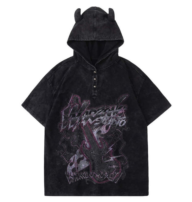 Washed Hoodie T-Shirt Black Unisex Vintage Loose Short Sleeve