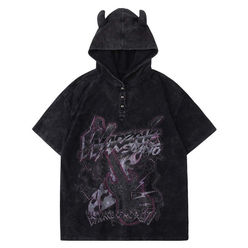 Model wearing Black washed hoodie t-shirt black by Grozavu