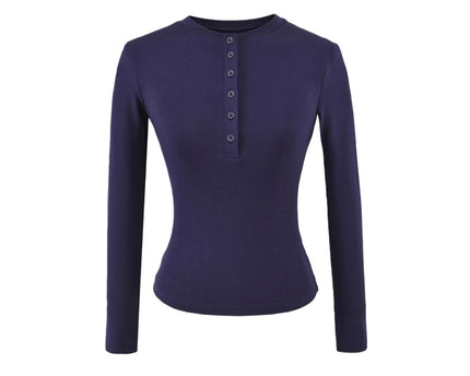 Elastisches Unifarbenes Basis Rundhals Halbknopf Langarm T-Shirt Oberteil