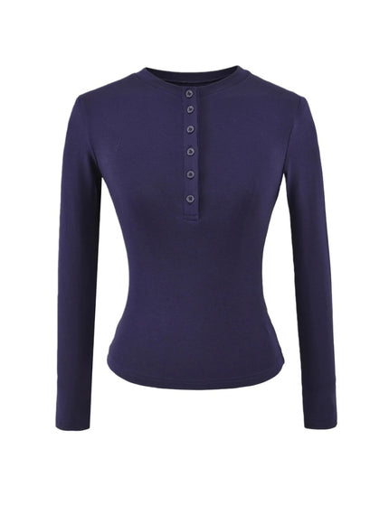 T-shirt à manches longues basique en couleur unie avec col rond et demi-boutonnage