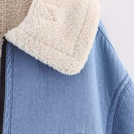 Loose Fit Short Zip Jacket with fluffy collar detail in classic blue color.