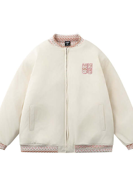 Model wearing Apricot cotton jacket paneled spliced by Grozavu