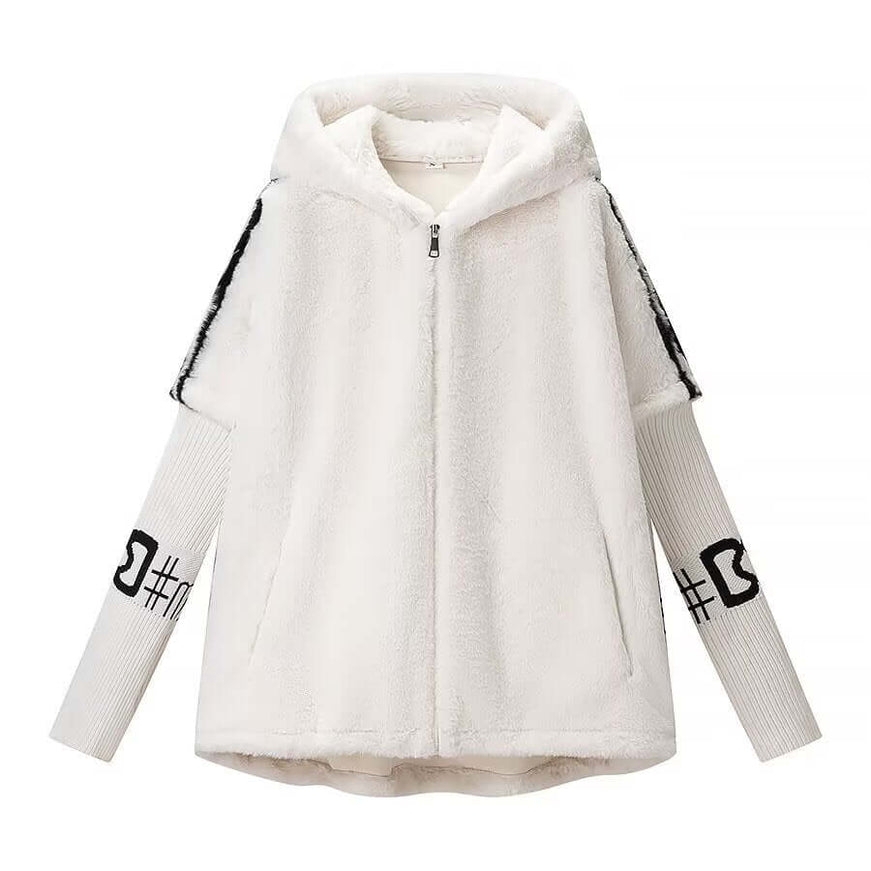 Model wearing White faux fur coat by Grozavu