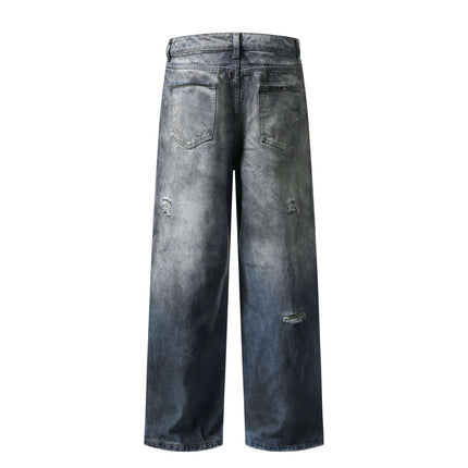 Washed Distressed Denim Pants showcasing a faded design with straight leg fit and distressed details.