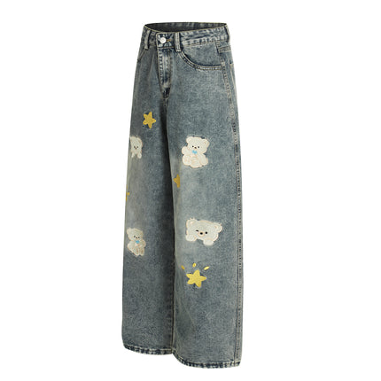 Casual Loose Fit Cartoon Embroidery Distressed Denim Pants