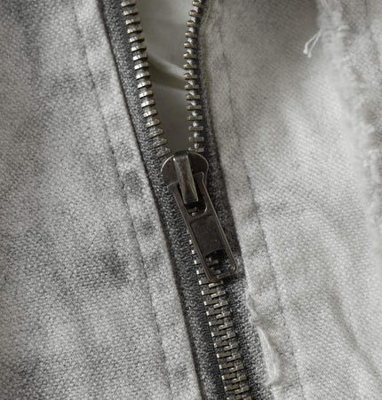 Close-up of zipper detail on Spray Paint Spliced Jacket – Casual Fit featuring gray fabric.