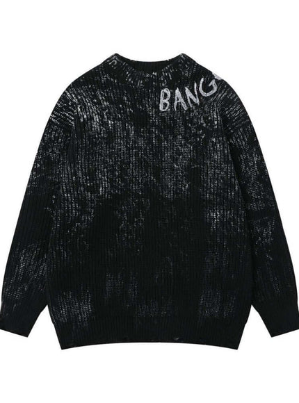 Model wearing Black splashed ink dirty round sweater by Grozavu