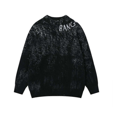 Model wearing Black splashed ink dirty round sweater by Grozavu