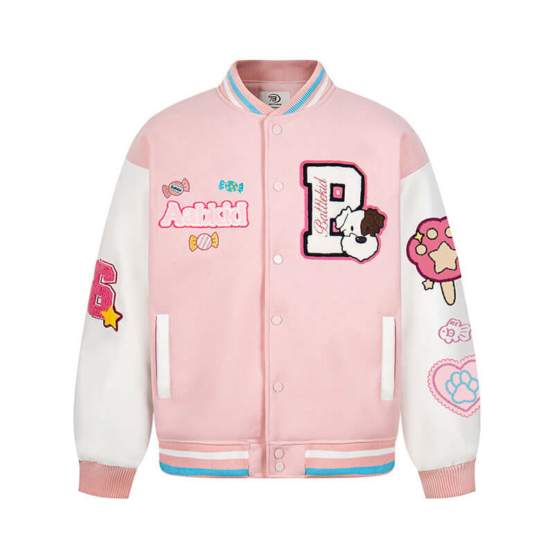 Model wearing Brown letter embroidery color blocked coat by Grozavu