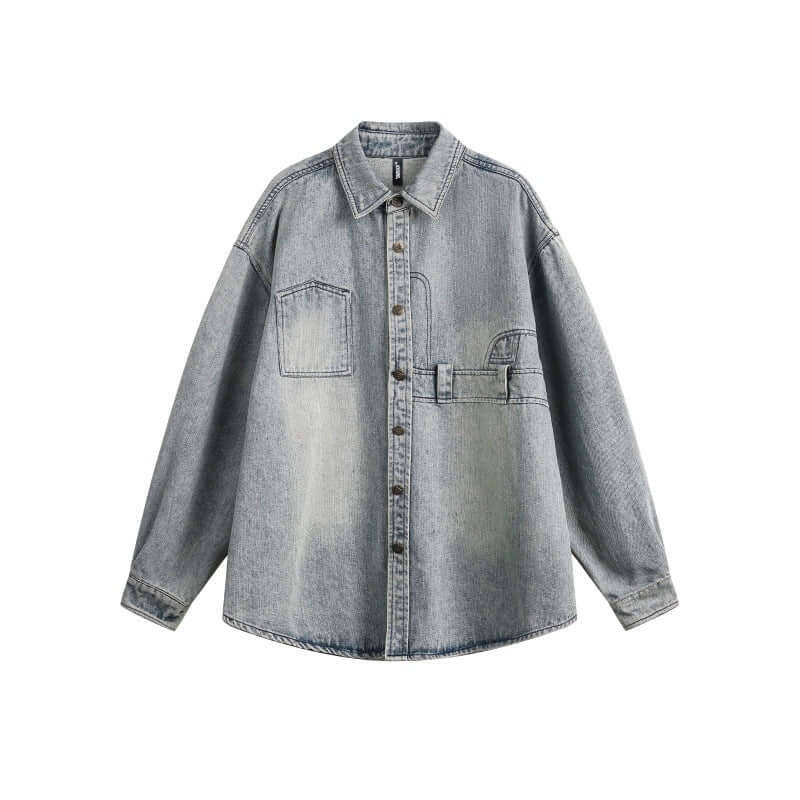 Model wearing Light Blue laundry workwear denim fitting shirts by Grozavu