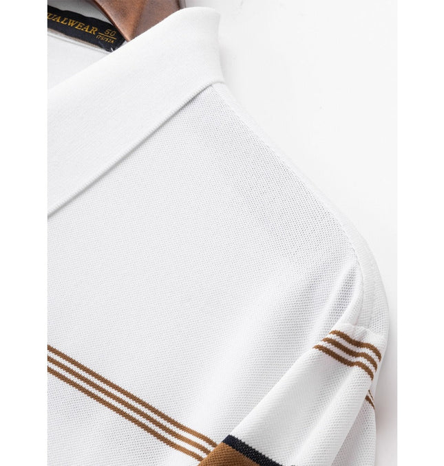 Close-up of a white cotton t-shirt with brown and black stripes from the Casual Comfort collection for Father's Day