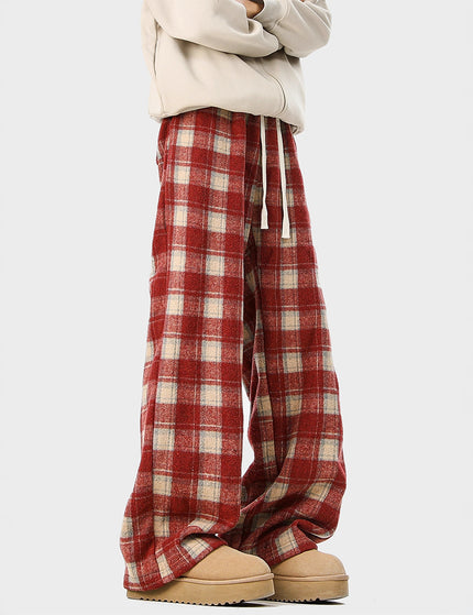 Casual Checkered Drawstring Pants Men Winter  Style Couple Fleece-Lined Warm Loose Vintage Sport Long Pants