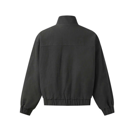 Back view of the Stand Collar Casual Jacket – Loose Fit in gray, showcasing its relaxed silhouette and long sleeves.