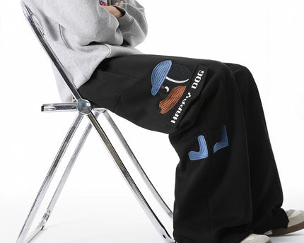 Pantalones de chándal bordados de estilo perro para hombres, retro, de múltiples bolsillos, pantalones casuales versátiles de calle alta, con cordón, sueltos y atléticos