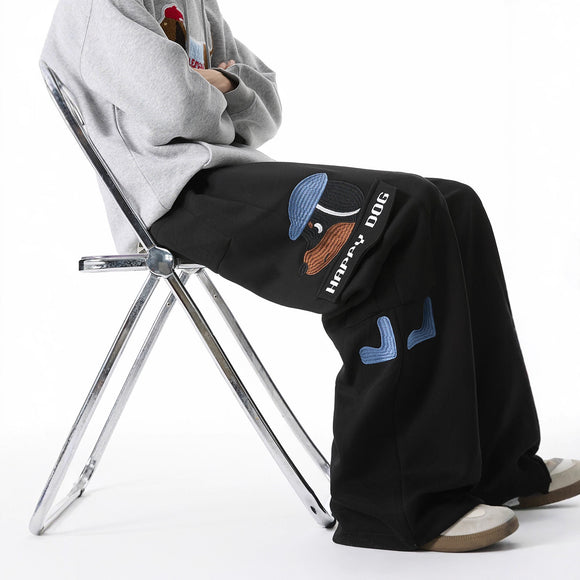 Style Dog Embroidery Sweatpants Men's Retro Multi-Pocket Casual Pants High Street Versatile Drawstring Loose Athletic Pants