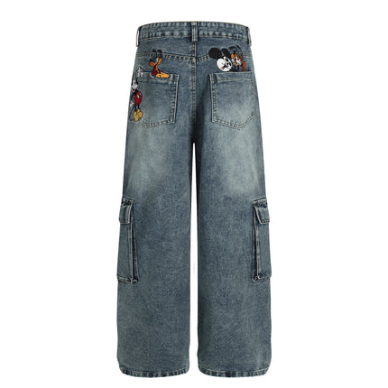 Embroidered Mid-Waist Denim Pants for Women with Multiple Pockets