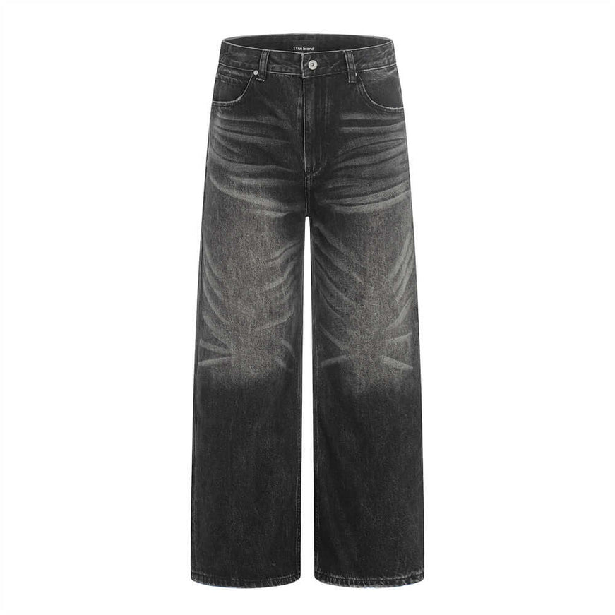 Model wearing Black wash grind white denim legs by Grozavu