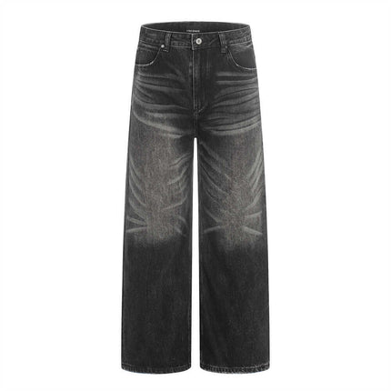 Model wearing Black wash grind white denim legs by Grozavu