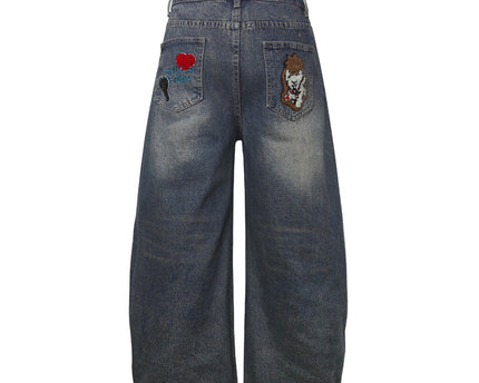 Vintage Cartoon Towel Embroidery Washed Knife-Edge Jeans Pants