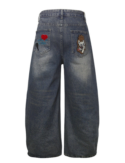 Vintage Cartoon Towel Embroidery Washed Knife-Edge Jeans Pants