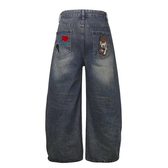 Vintage Cartoon Towel Embroidery Washed Knife-Edge Jeans Pants