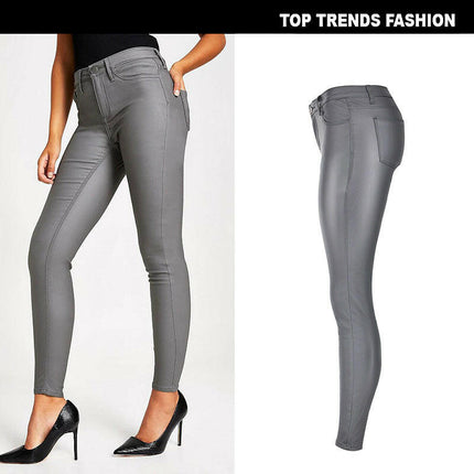 Grozavu Women's High-Waist Grey Faux Leather Skinny Pants at €49.00