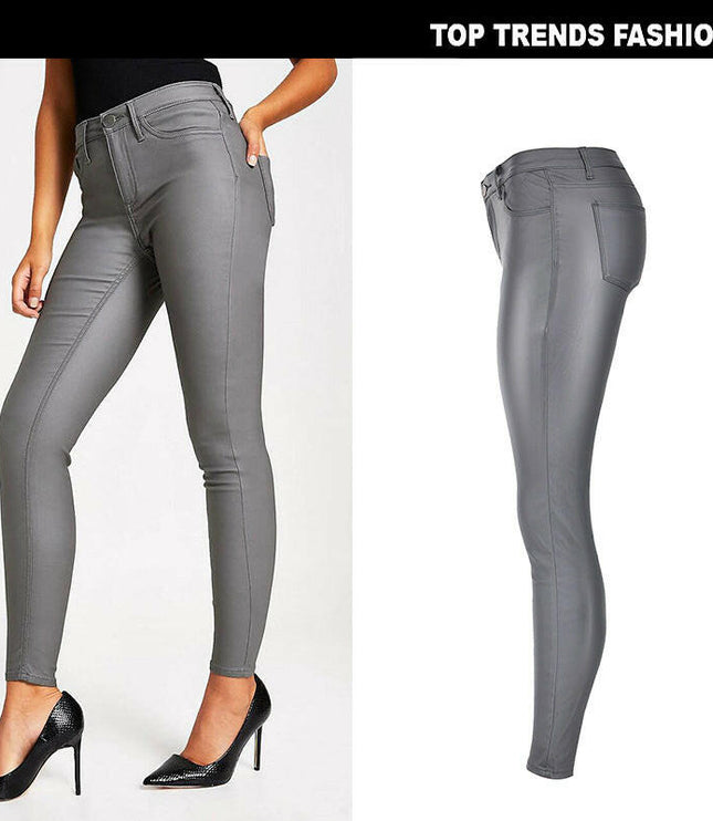Grozavu Women's High-Waist Grey Faux Leather Skinny Pants