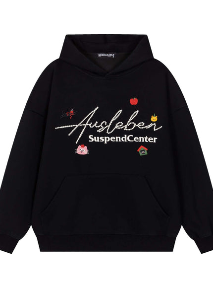 Model wearing Black embroidered cat hooded sweatshirt by Grozavu