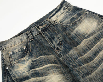 Street Vintage Washed Bamboo Texture Design Loose Wide-Leg Denim Pants