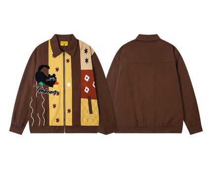 Stil Vintage Lustig Cartoon Katze Stickerei Patchwork Jacke Mantel