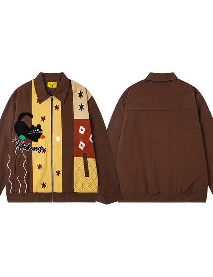 Style Vintage Fun Cartoon Cat Embroidery Patchwork Jacket Coat